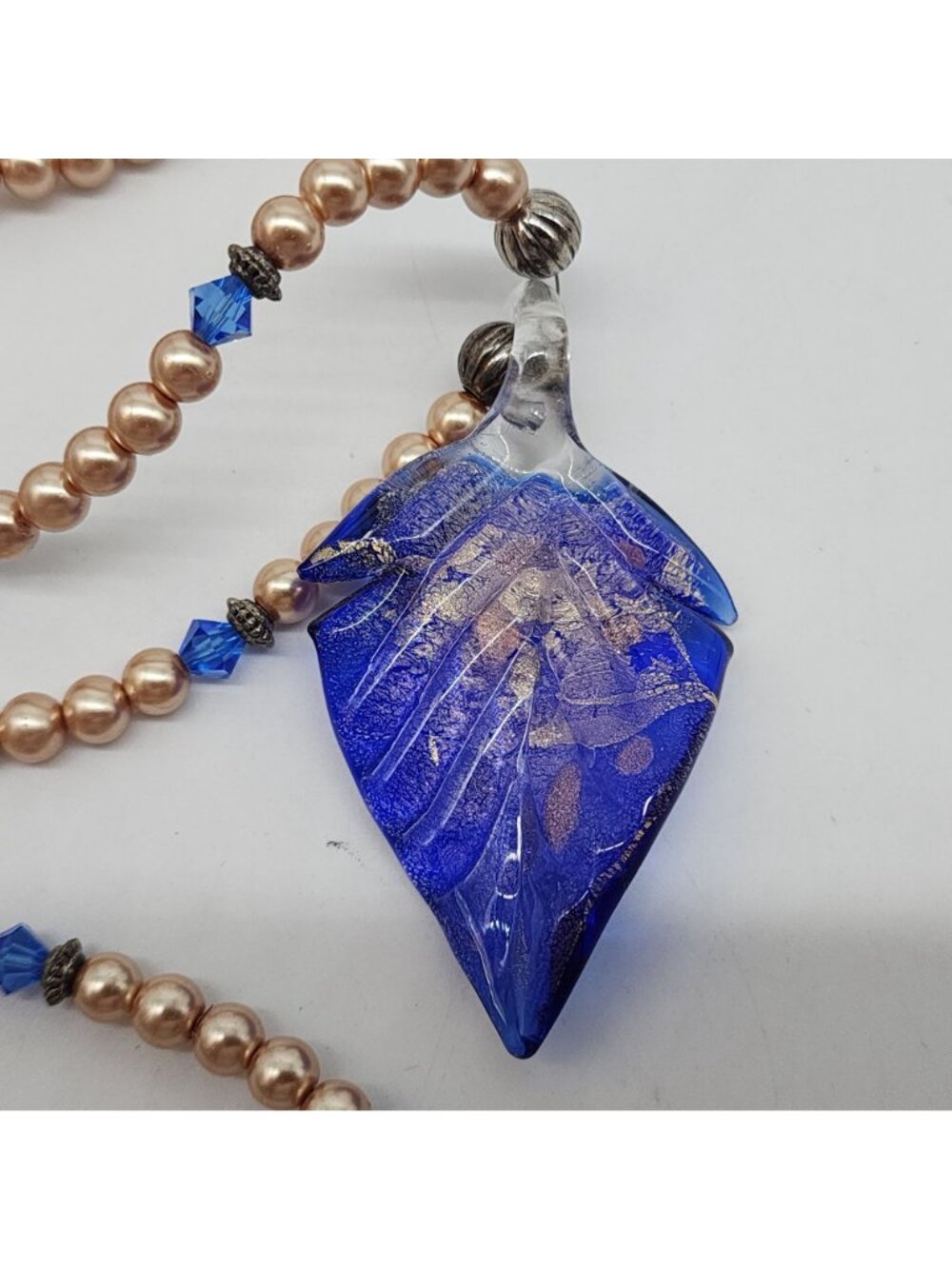Two Strand Pendant Necklace Blue Murano Style Glass Leaf Faux Pearl Crystal - Picture 8 of 10